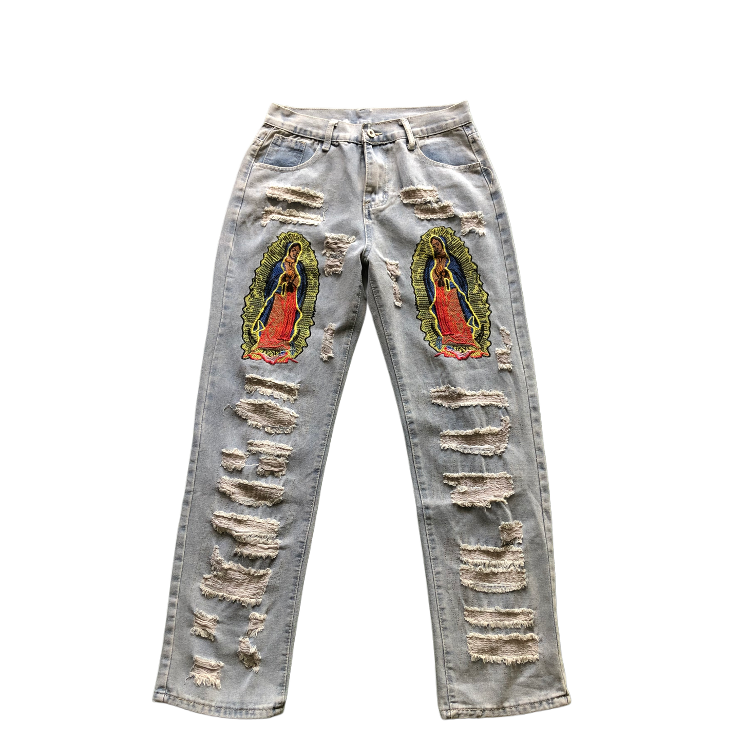 Virgen Embroidery Distressed Denim