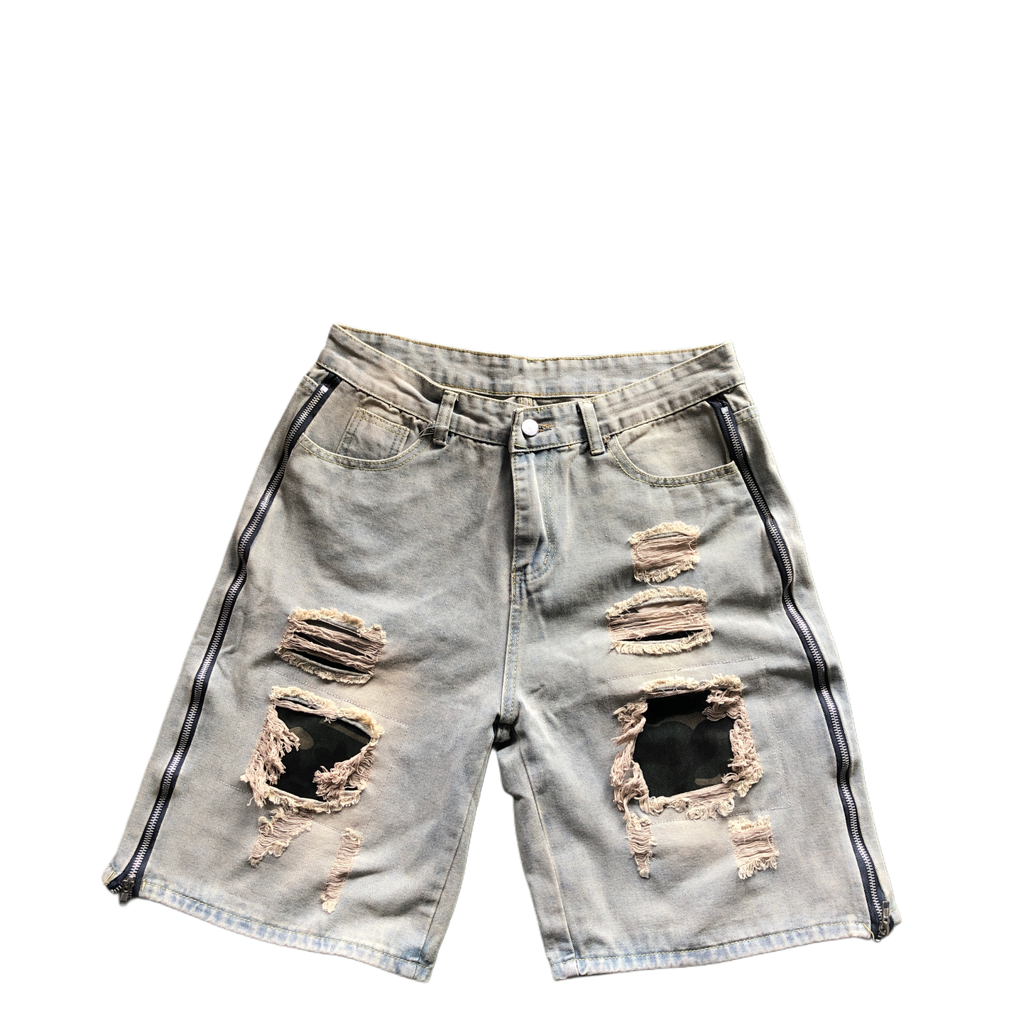 Denim Distressed Camo Zipper Shorts