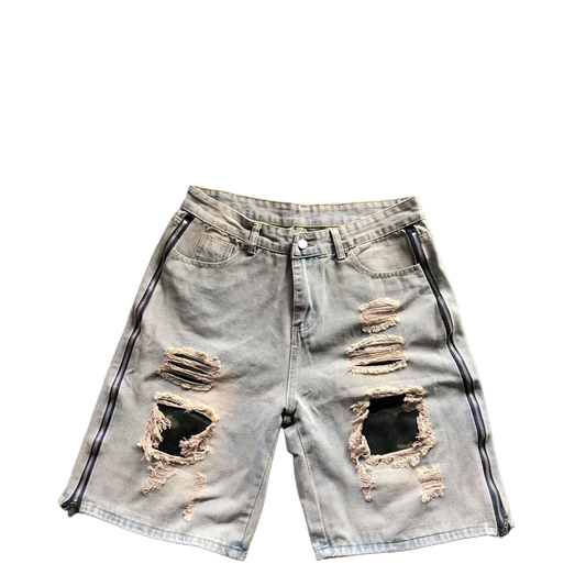 Denim Distressed Camo Zipper Shorts